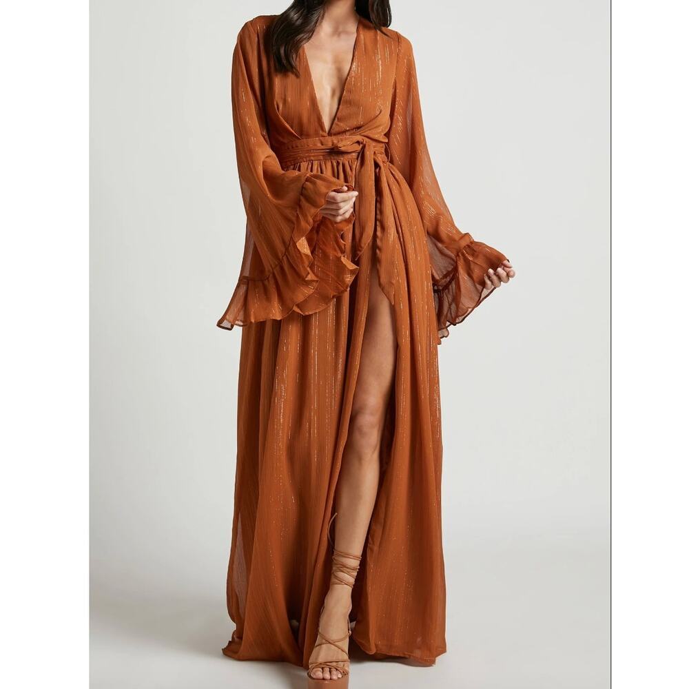 NWT Showpo Dangerous Woman Plunge Thigh Split Maxi Dress in Rust • Size 6